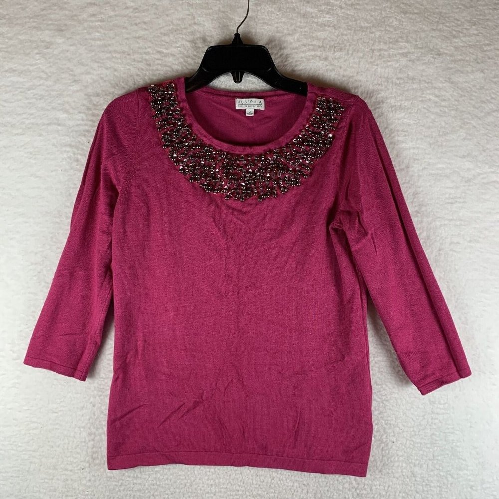 Joseph A Sweater Womens Medium Pink Beaded Neck Long Sleeve Pullover Barbie 7501